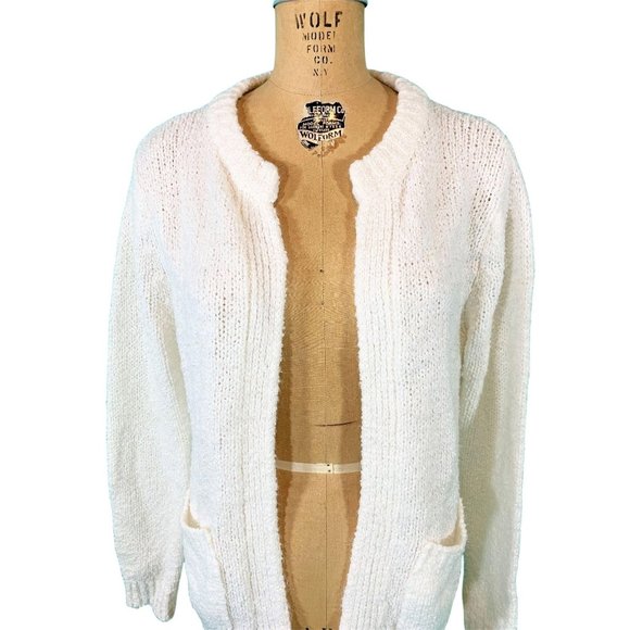Vintage 1980s Chunky Cardigan Solid White Pocketed Open Sweater - Picture 5 of 10